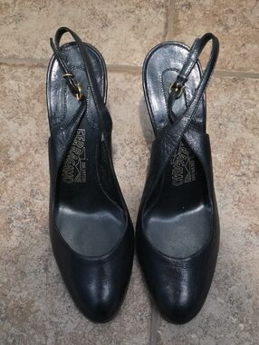 Salvatore Ferragamo Black Leather Slingback Heels with Gold Buckle
